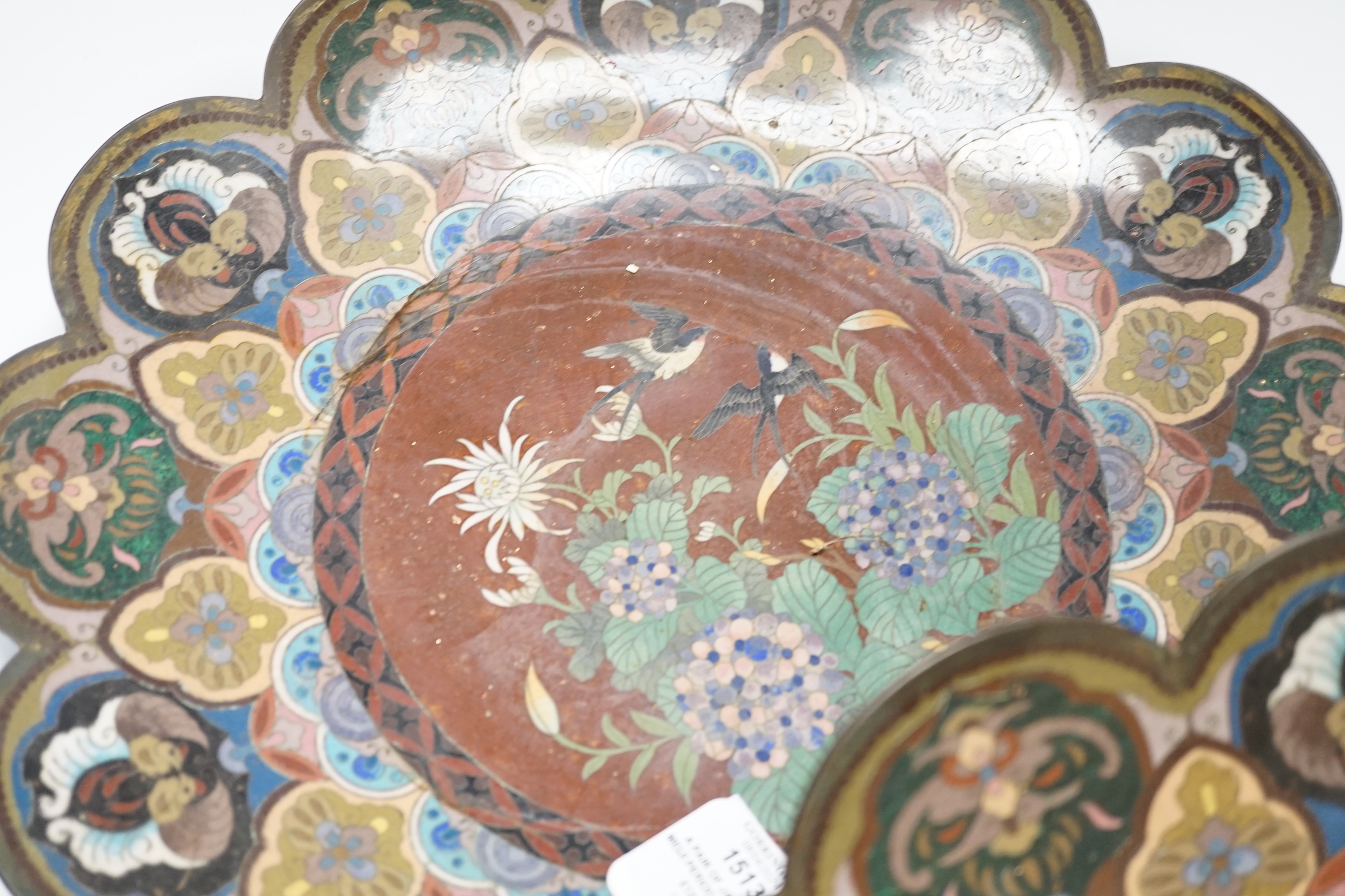 A pair of Japanese Meiji period petal rimmed cloisonné dishes, 37cm